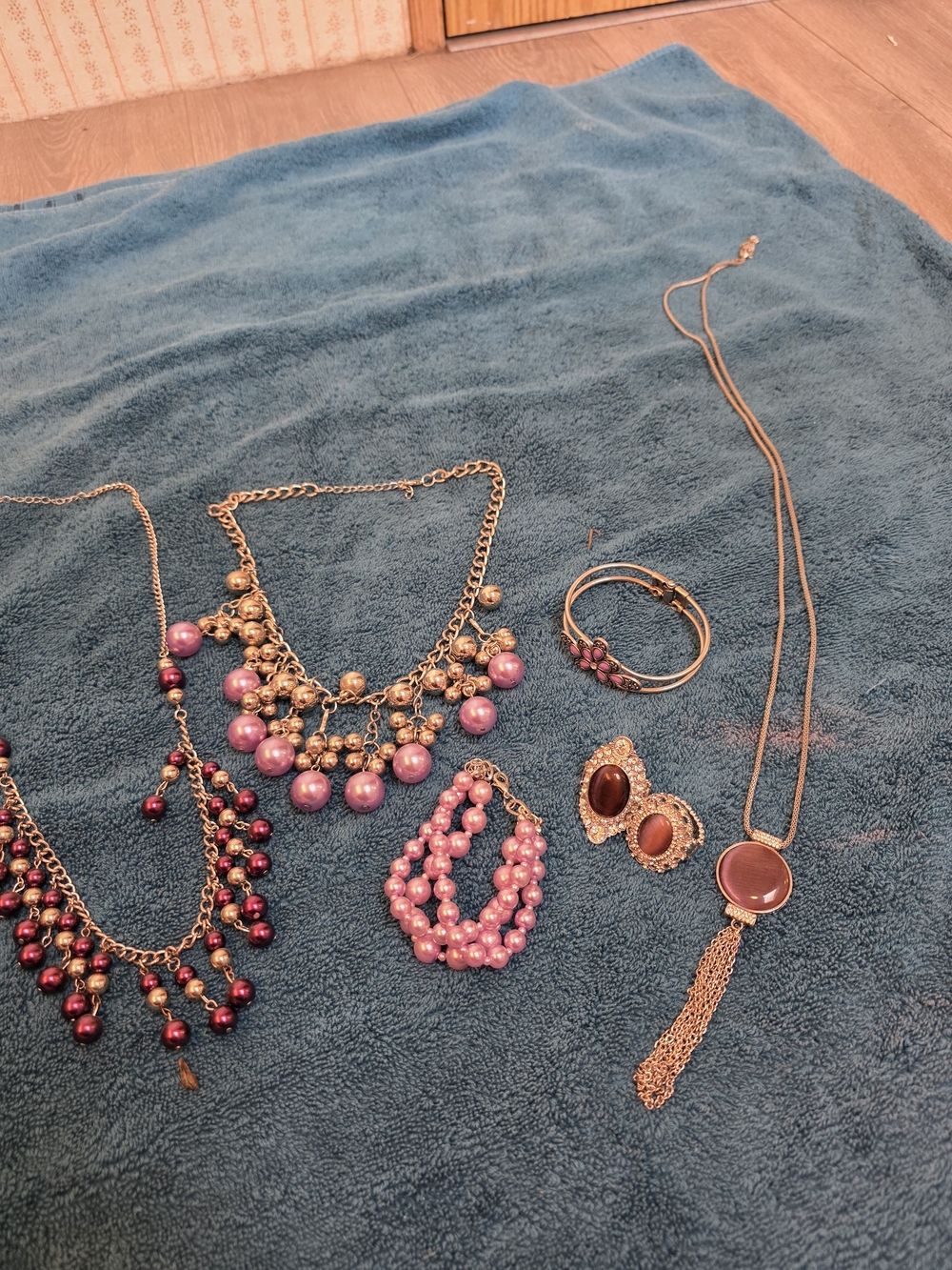 Silver-Tone Purple Beaded Statement Necklace and Bracelet Set - Women Jewelry